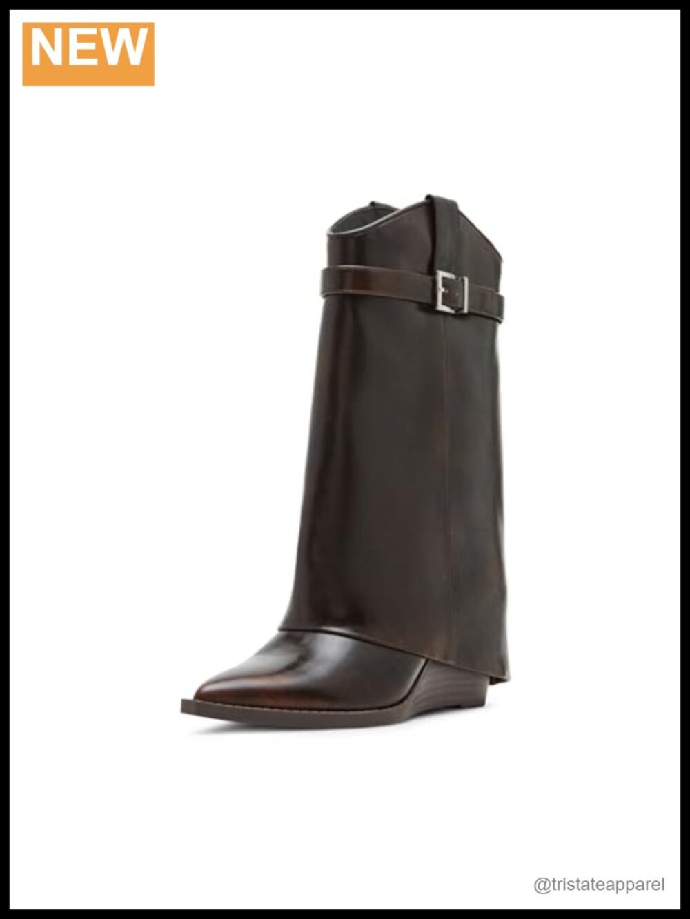 Foldover Wedge Boot with Buckle Detail, Mid-Calf